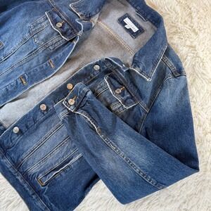 LOFT Women's Large Blue Distressed Denim Jean Jacket Button Front Casual Y2K